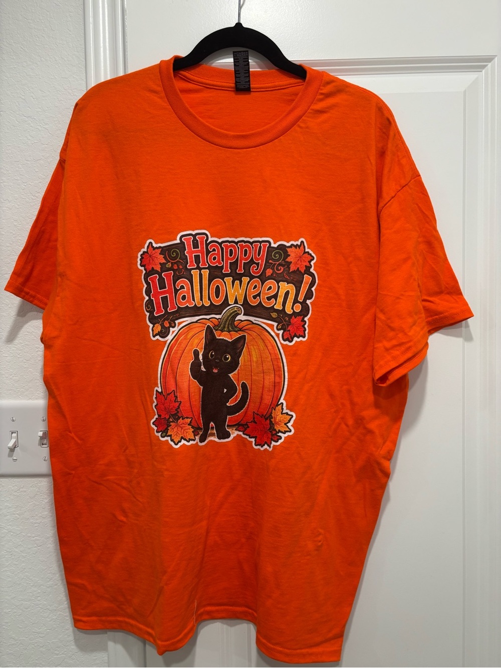 Gildan Orange Halloween Tee with Black Cat Pumpkin Graphic